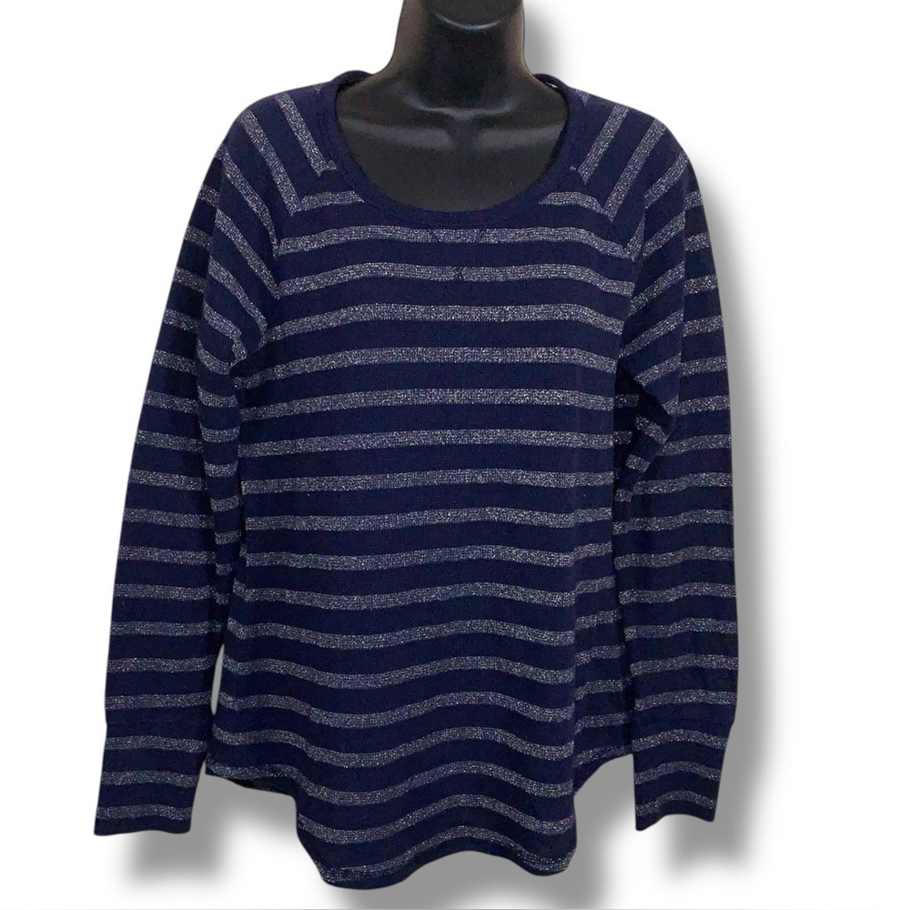 Large Sonoma Navy Blue Silver Striped Waffle Knit Top Long Sleeve Stretch Casual